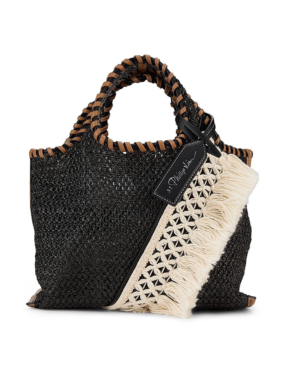 Women's Mini Fringed Raffia Tote Bag - Black