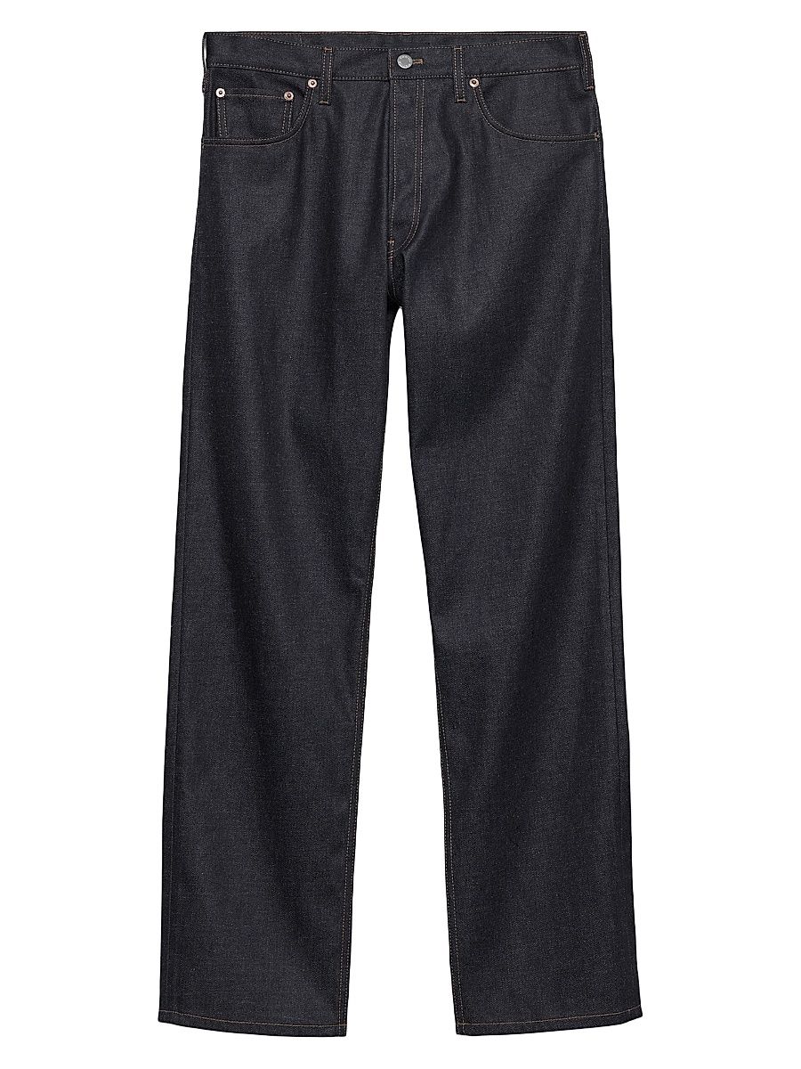 Men's Raw Denim Jeans with Leather Strap - Blue - Size 36