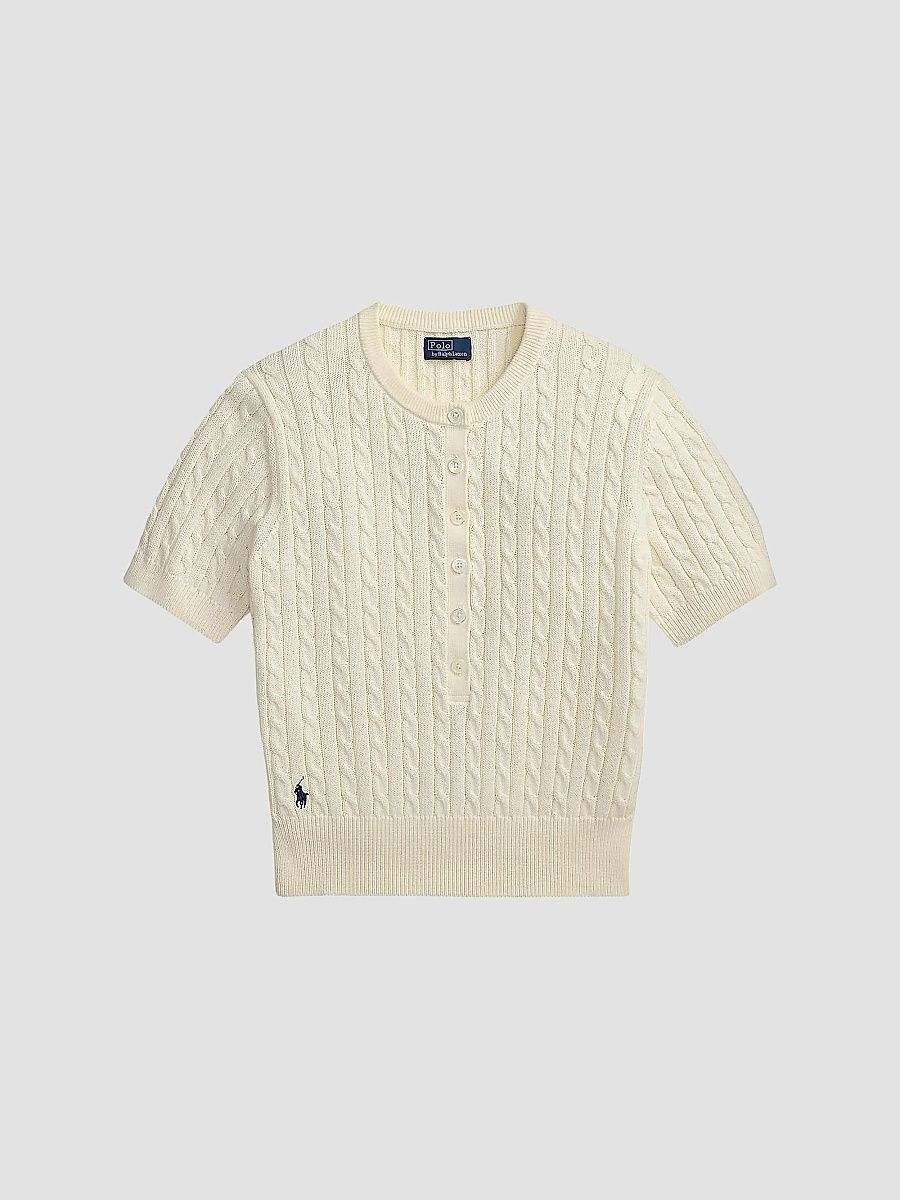 Polo Ralph Lauren Women's Mini-Cable Short-Sleeve Henley Sweater - Clubhouse Cream - Size XS