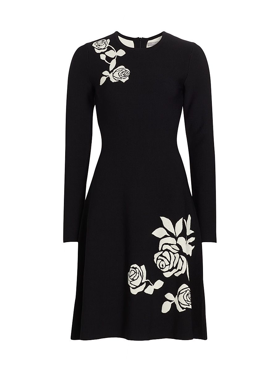 Women's Rose Jacquard Knee-Length Dress - Black - Size Large