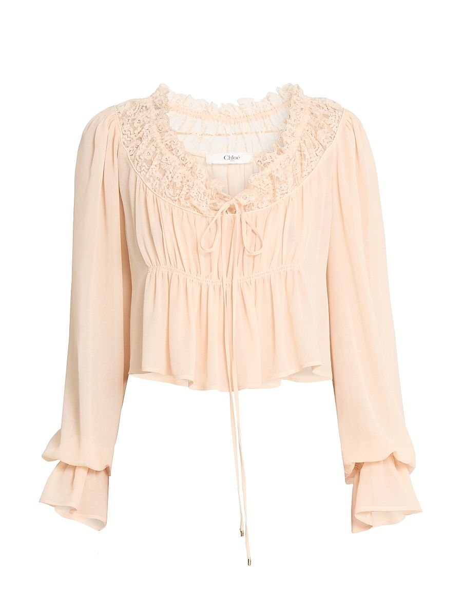 Women's Cropped Silk Lace-Trim Blouse - Apricot Pink - Size 8