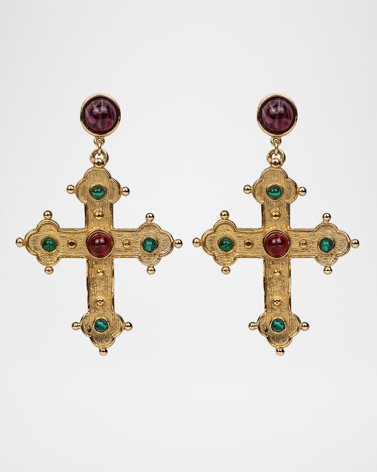 24k Gold Electroplated Ruby And Emeraldamy Cross Earrings