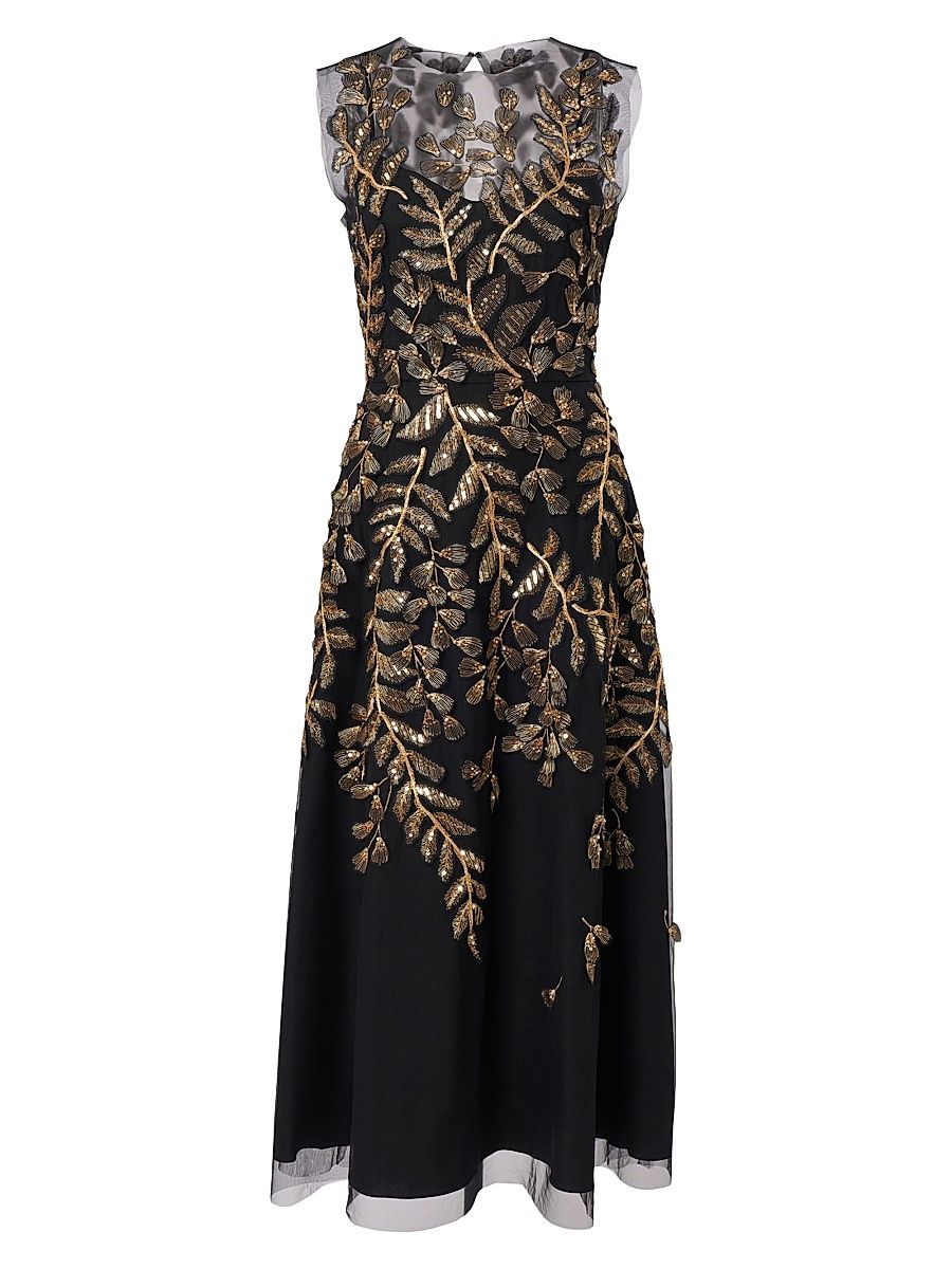 Women's Embellished Leaf-Embroidered Tulle Cocktail Dress - Black Gold - Size 6