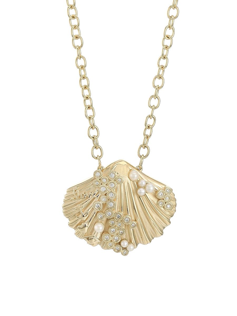 Women's 14K Yellow Gold, Diamond, & 2-3MM Pearl Clamshell Pendant Necklace