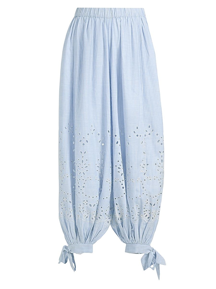Women's Eyelet Striped Cotton-Blend Harem Pants - Stripes - Size Small