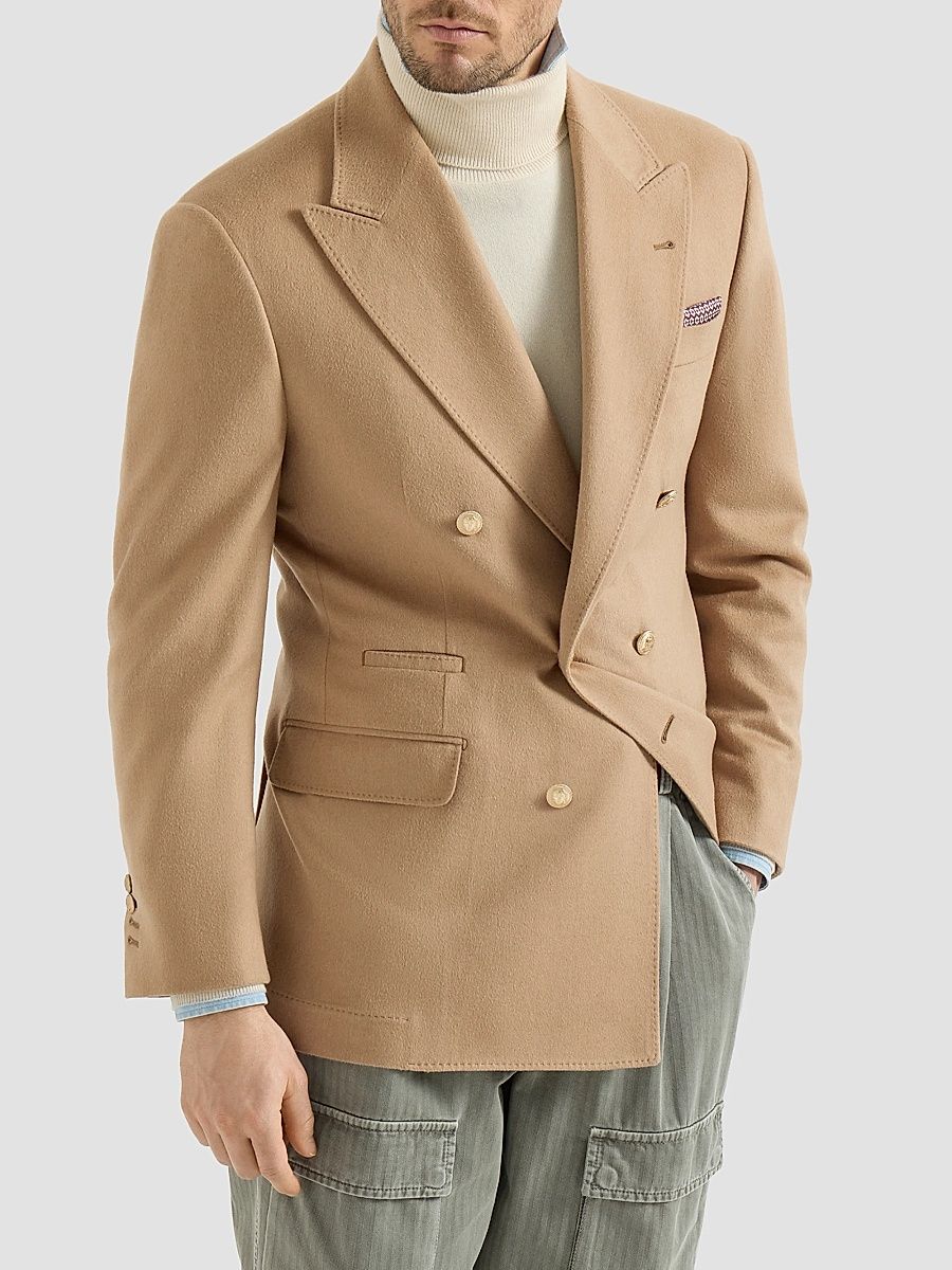 Men's Camel Flannel One-and-a-Half Breasted Tailor Blazer - Camel - Size 38