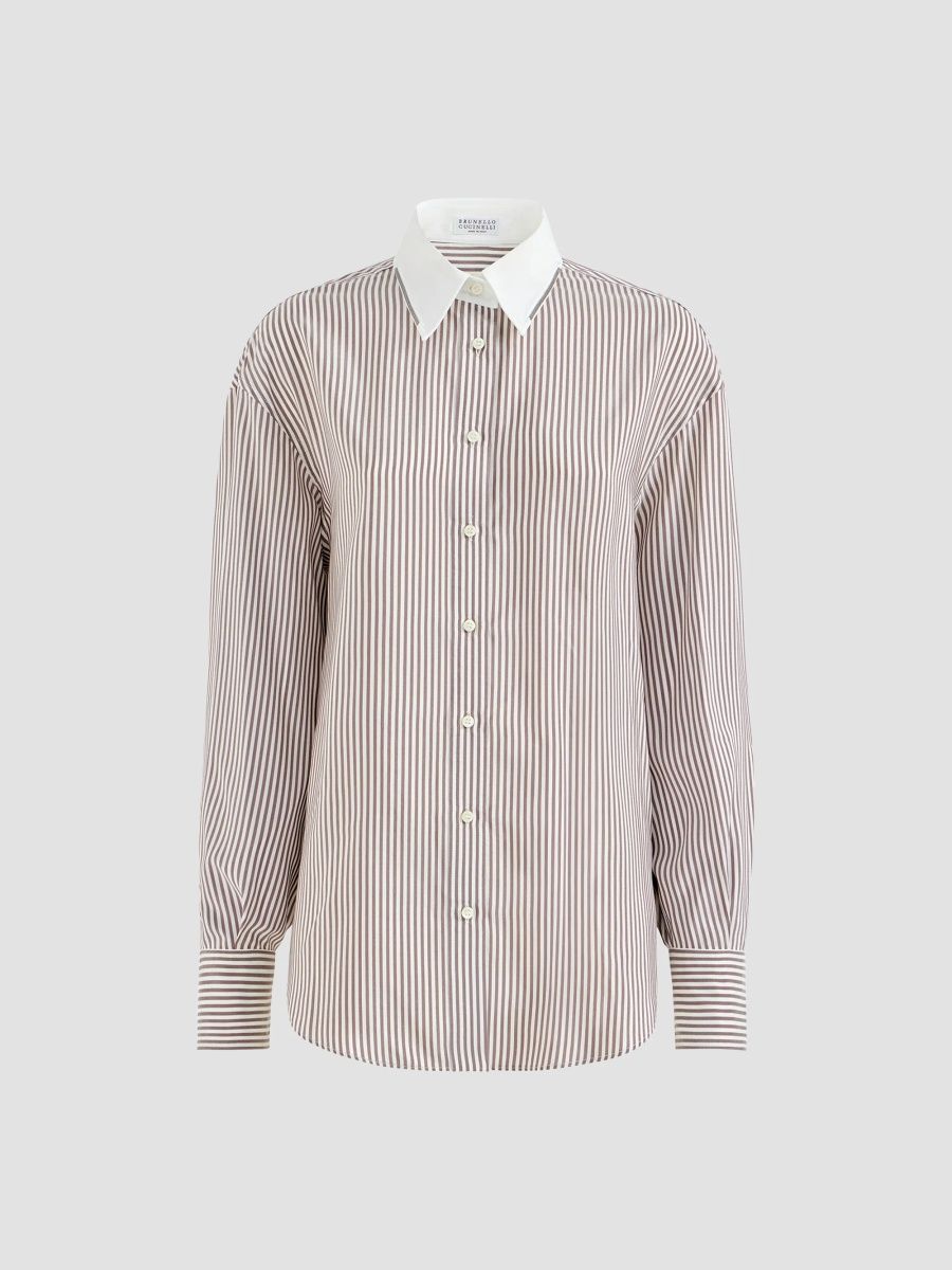Brunello Cucinelli Women's Striped Silk Poplin Shirt with Monili - White - Size XXL