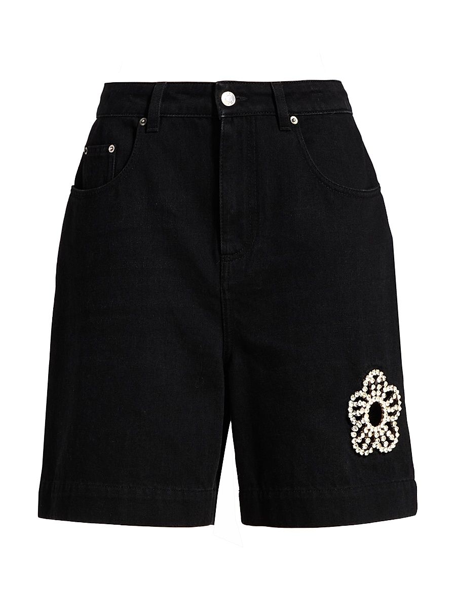 Women's Crystal-Embellished Bermuda Denim Shorts - Black - Size 28