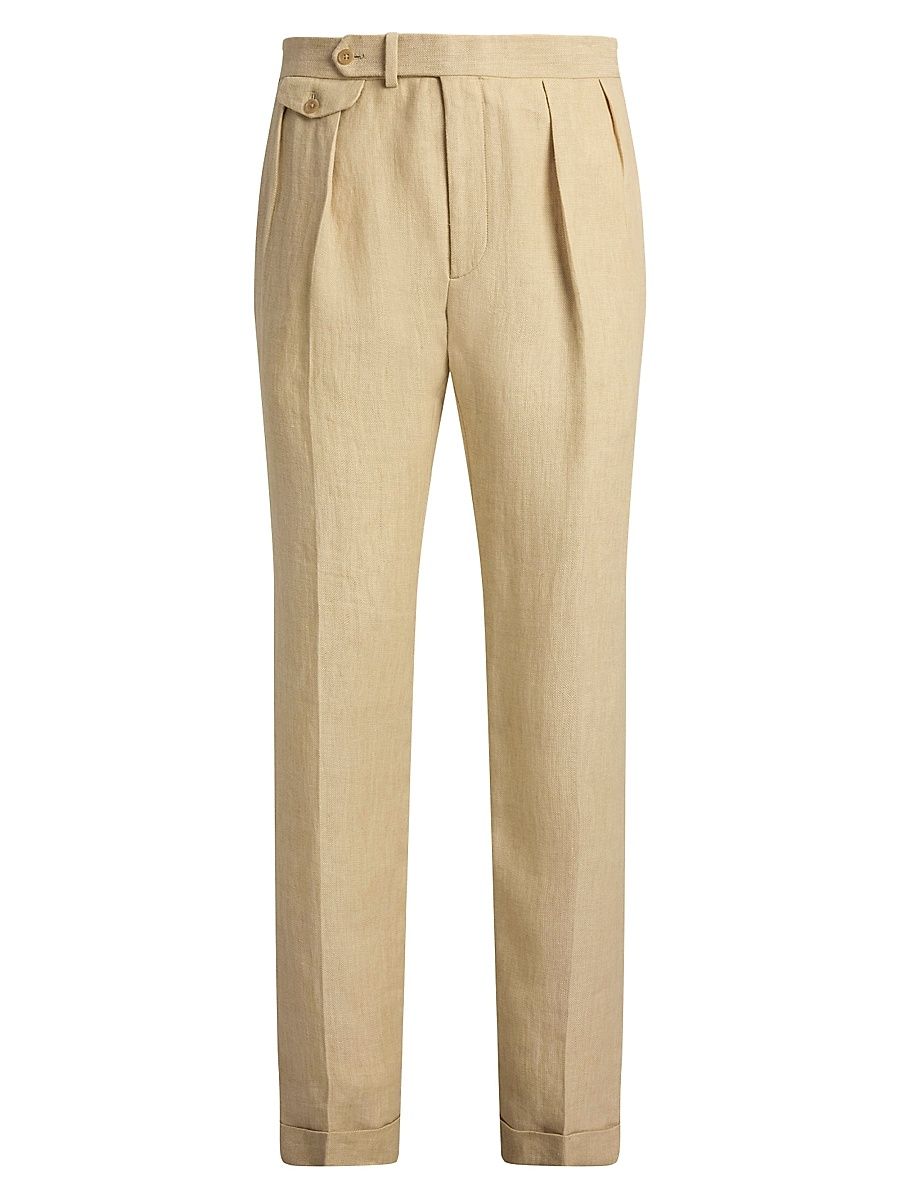 Men's Pleated Linen Straight-Leg Trousers - Sand - Size 32