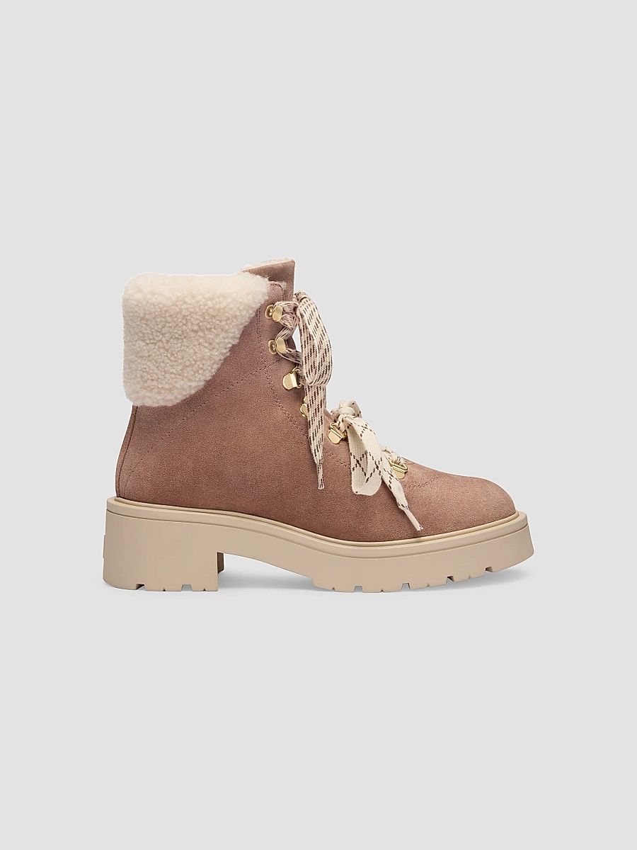 Women's Ren Shearling-Trim Suede Ankle Boots - Fawn Natural - Size 9