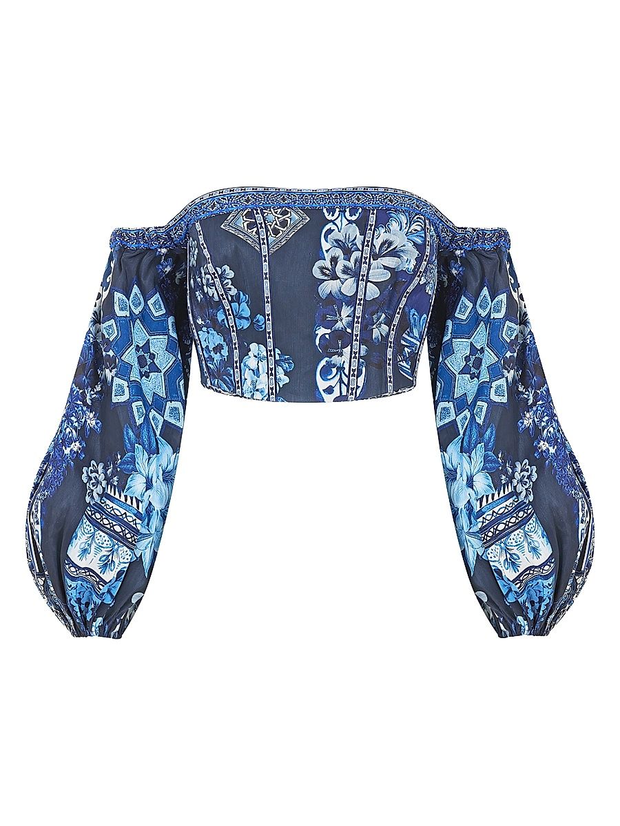 Women's A Tiled Wonderland Printed Off-The-Shoulder Crop Top - A Tiled Wonderland - Size Large