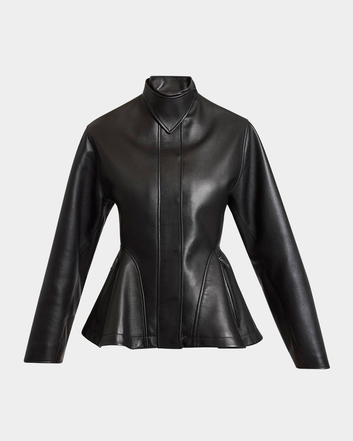 High-Neck Leather Peplum Jacket