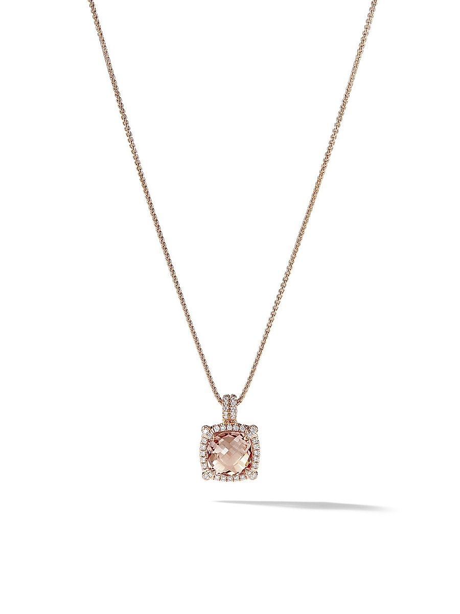 Women's Chatelaine Pavé Bezel Pendant Necklace in 18K Rose Gold with Morganite and Diamonds, 9MM - Morganite