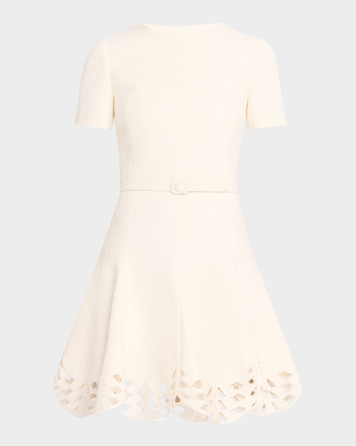 Short-Sleeve Cutout-Hem Tweed Mini Dress With Belt