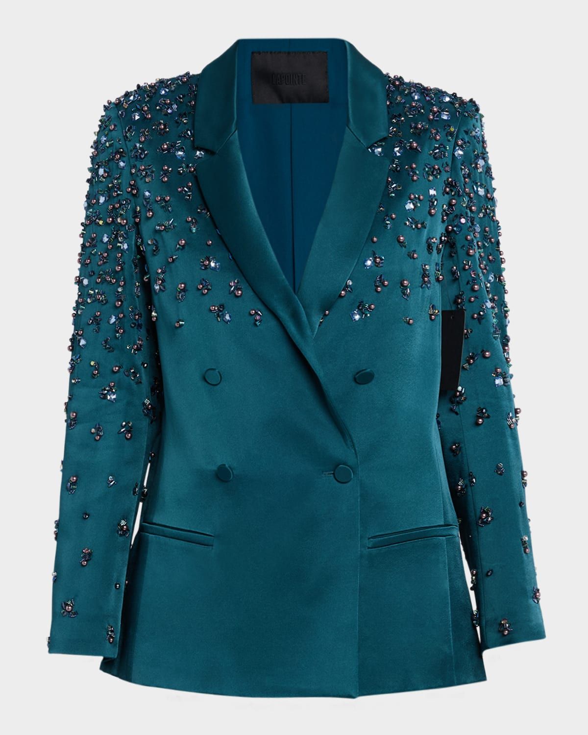 Crystal Embroidered Satin Double-Breasted Blazer