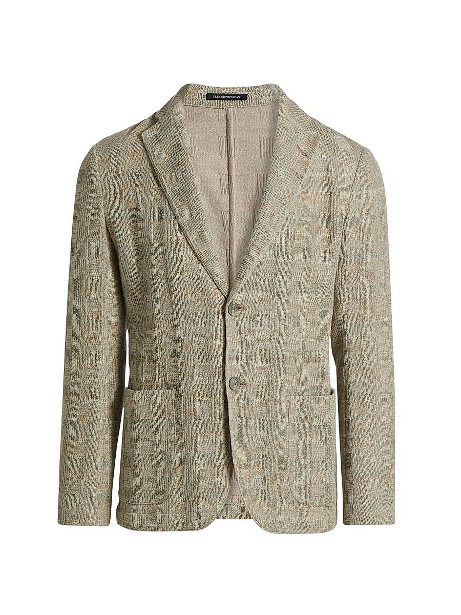 Men's Textured Checked Knit Blazer - Ivory Tan - Size 42