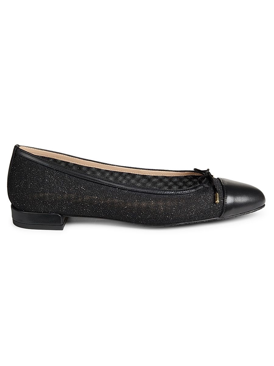 Women's Sleek Bow Leather-Trimmed Sparkle Mesh Flats - Black - Size 6.5