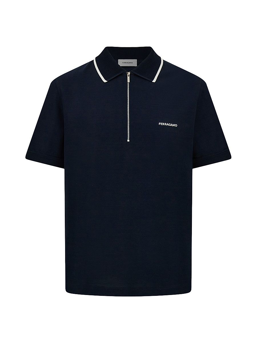 Men's Quarter-Zip Cotton Polo Shirt - New Navy - Size Large