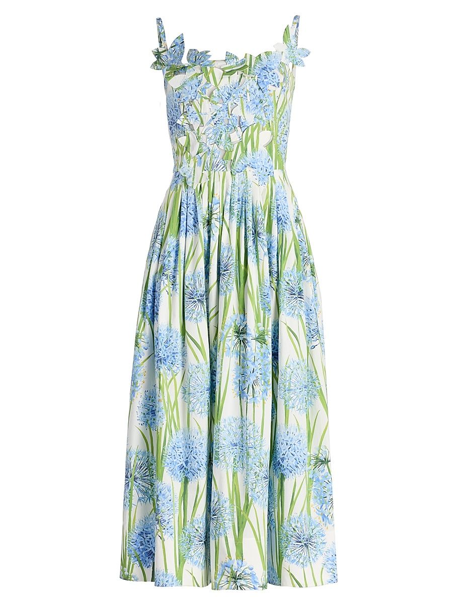 Women's Allium-Print Embroidered Cotton Poplin Cocktail Dress - Blue White - Size 12