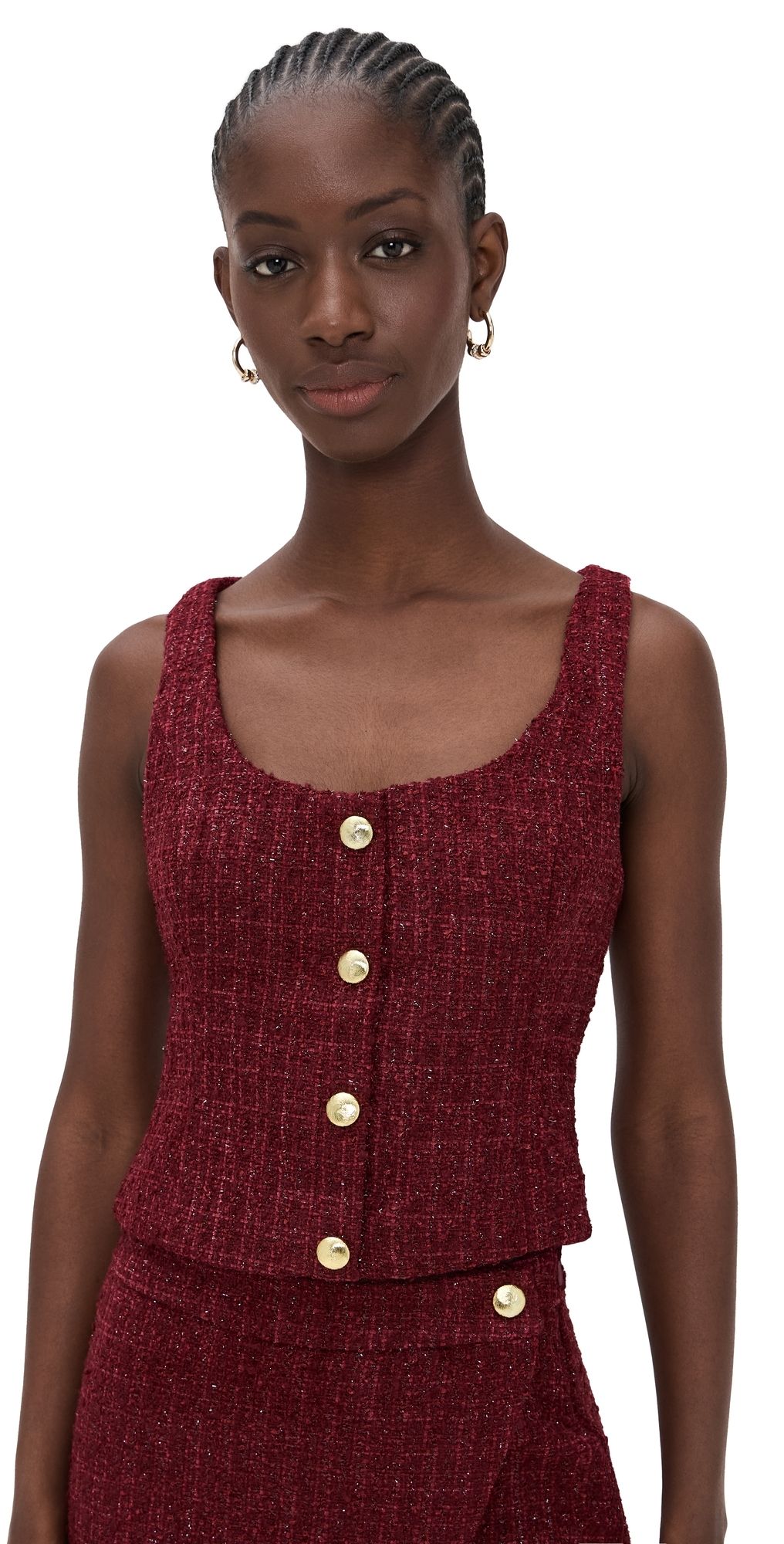 endless rose Tweed Scoop Neck Buttoned Top Merlot S