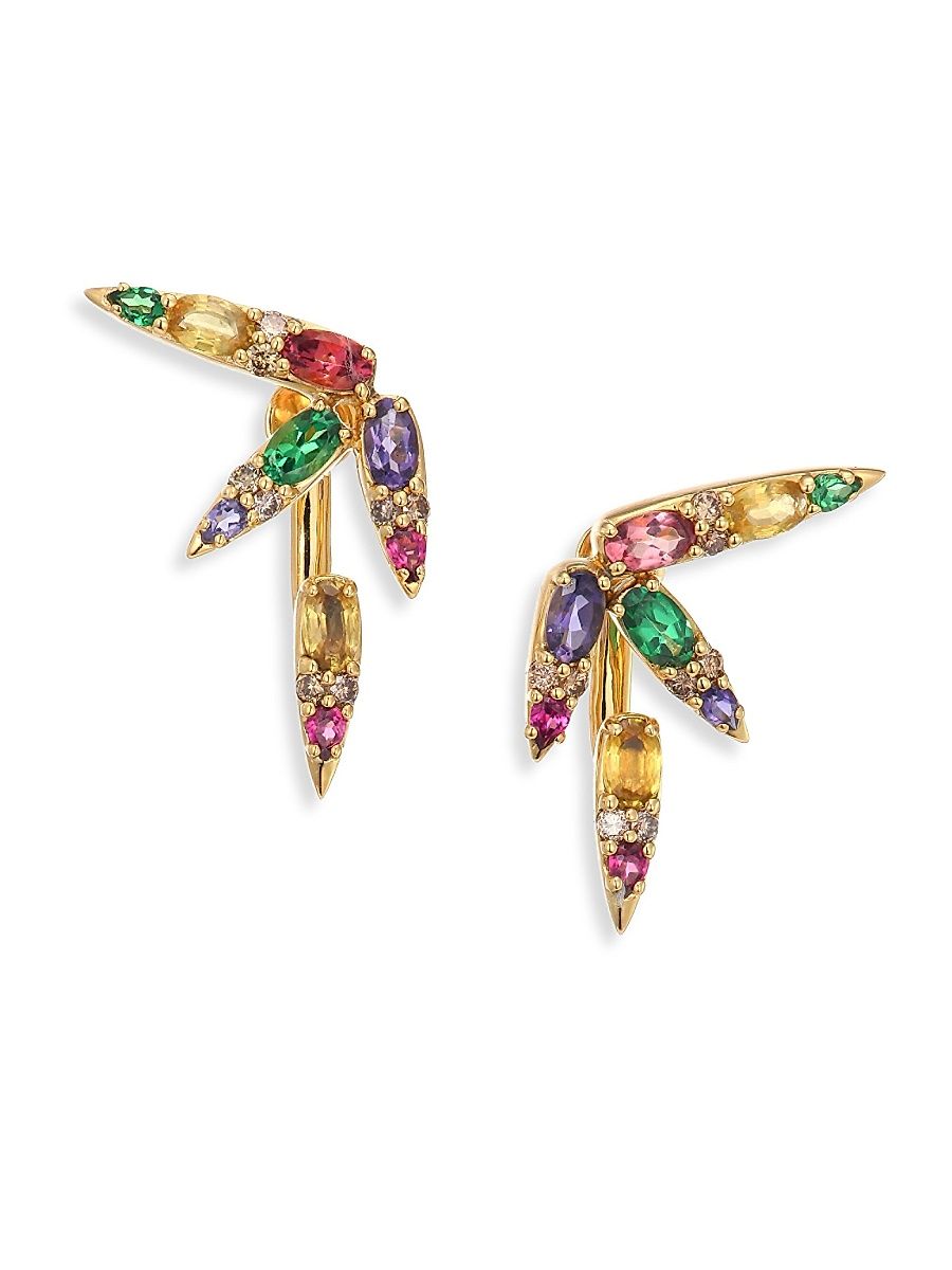 Spectrum Brown Diamond, Tsavorite, Iolite, Pink Tourmaline, Yellow Beryls & Rhodolite Ear Jacket & Stud Earrings Set - Gold Multi