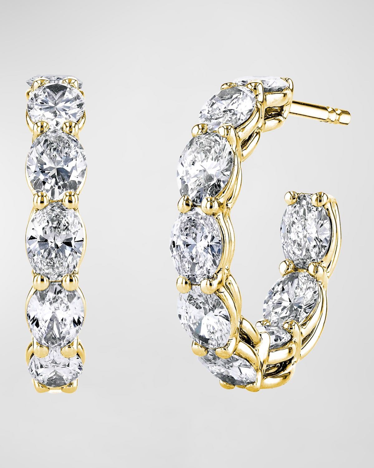 18K Gold North-South Oval-Cut Diamond Hoop Earrings, 4.6tcw/0.75"L