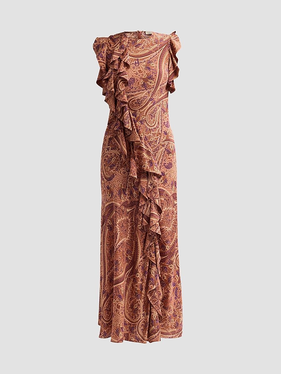 Women's Ameline Ruffled Paisley Silk Midi Dress - Rosette - Size 10