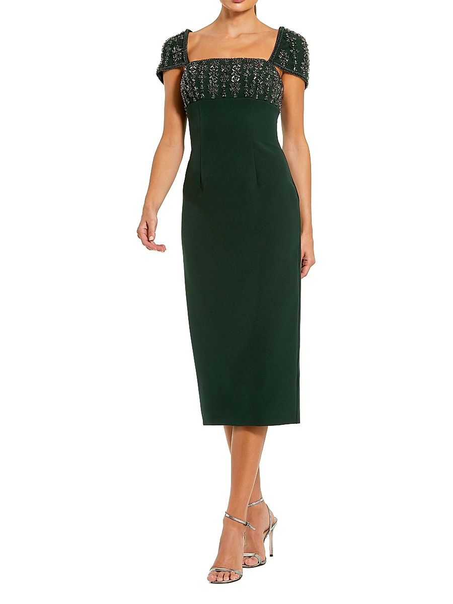 Women's Embellished-Trimmed Cap Sleeve Crepe Midi-Dress - Dark Emerald - Size 14