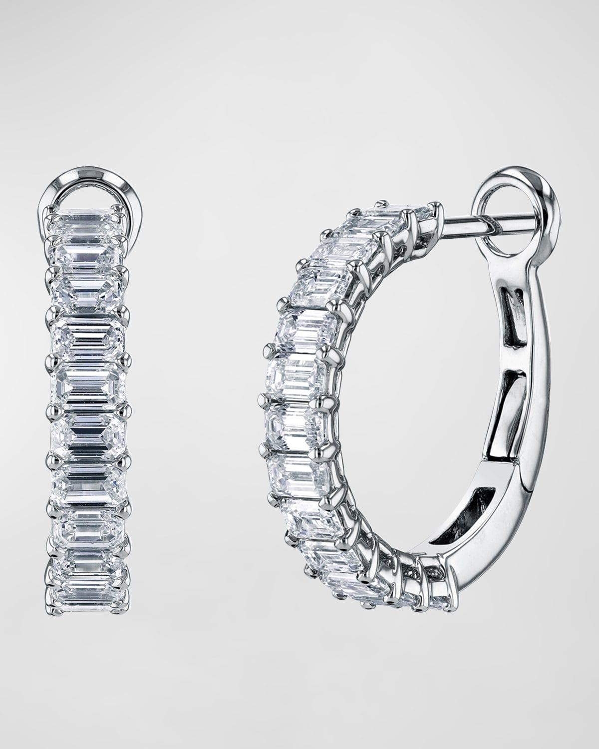 18K Gold Emerald-Cut Diamond Halfway Huggie Hoop Earrings, 3.6tcw/0.75"L