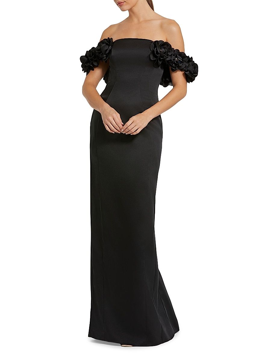 Women's Satin 3D Flower Off-The-Shoulder Mermaid Gown - Black - Size 14