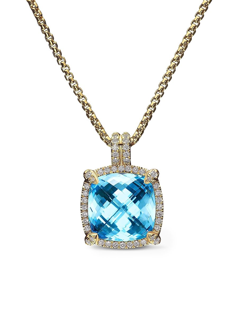 Women's Chatelaine Pavé Bezel Pendant Necklace in 18K Yellow Gold - Sky Blue Topaz