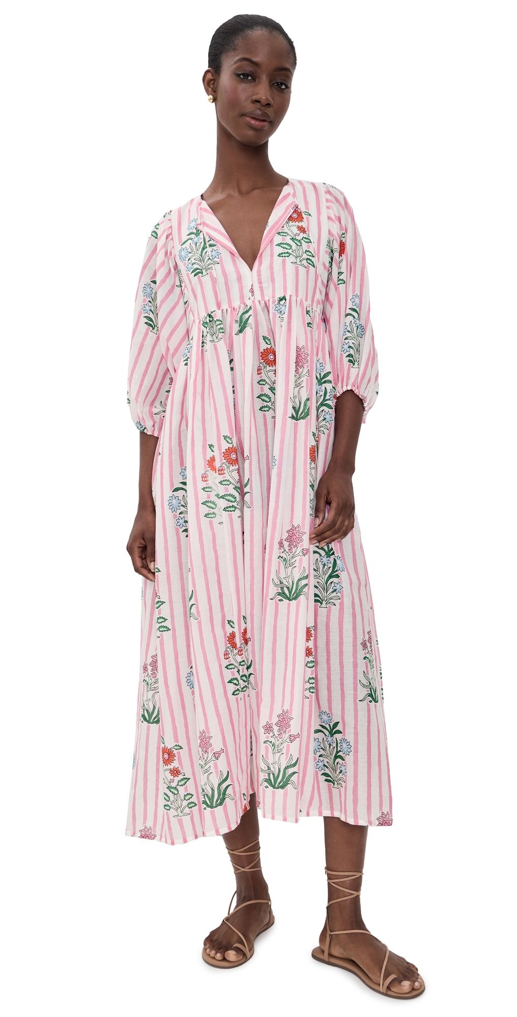 Bell Sylvie Cotton Maxi Tunic Dress Pink Stripe Floral XS