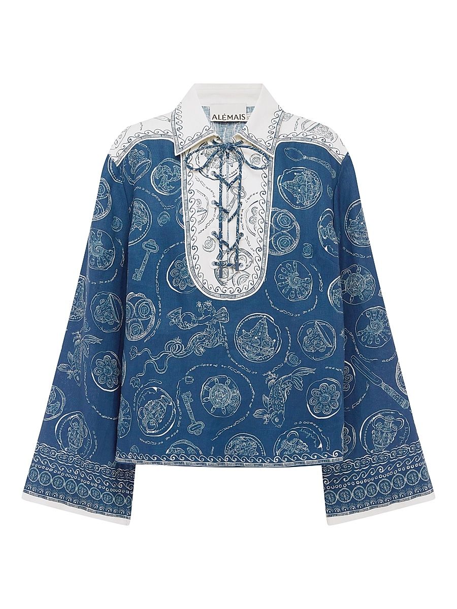 Women's Lucky Linen Lace-Up Top - Blue - Size 10
