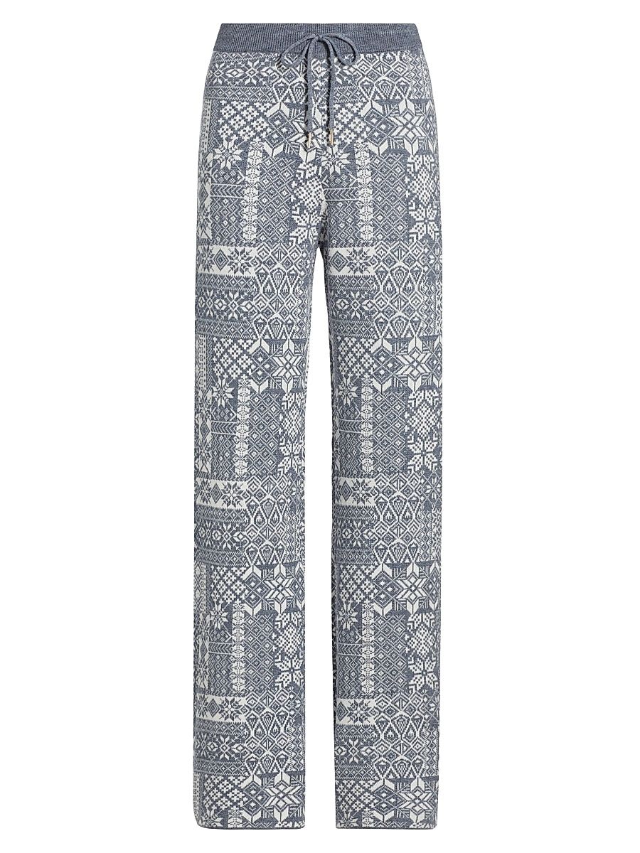 Women's Patchwork Jacquard Knit Pants - Navy Ivory - Size Medium