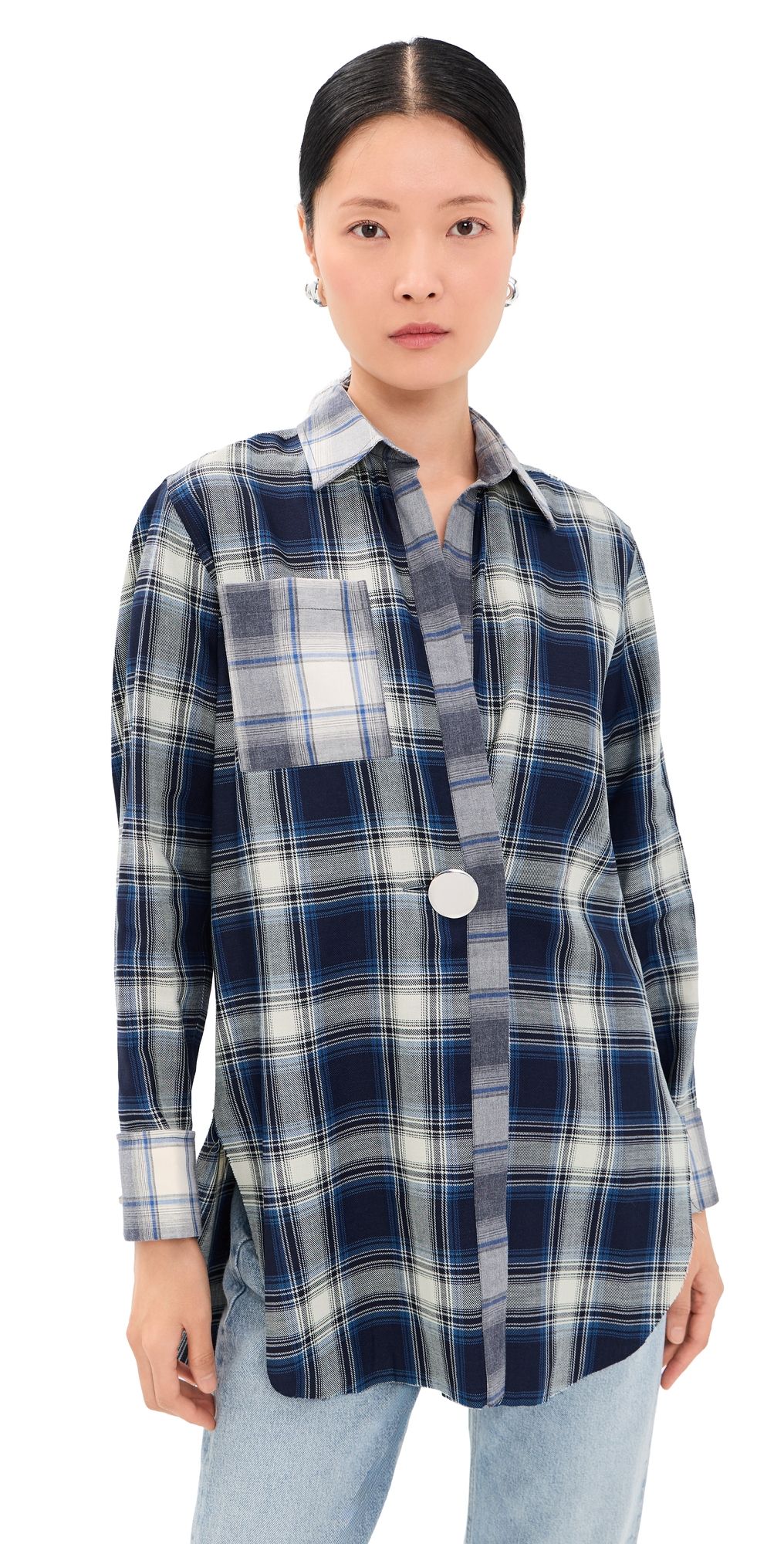 Marques'Almeida Plaid Overlapping Front Tailored Button Down Shirt Blue Plaid 6