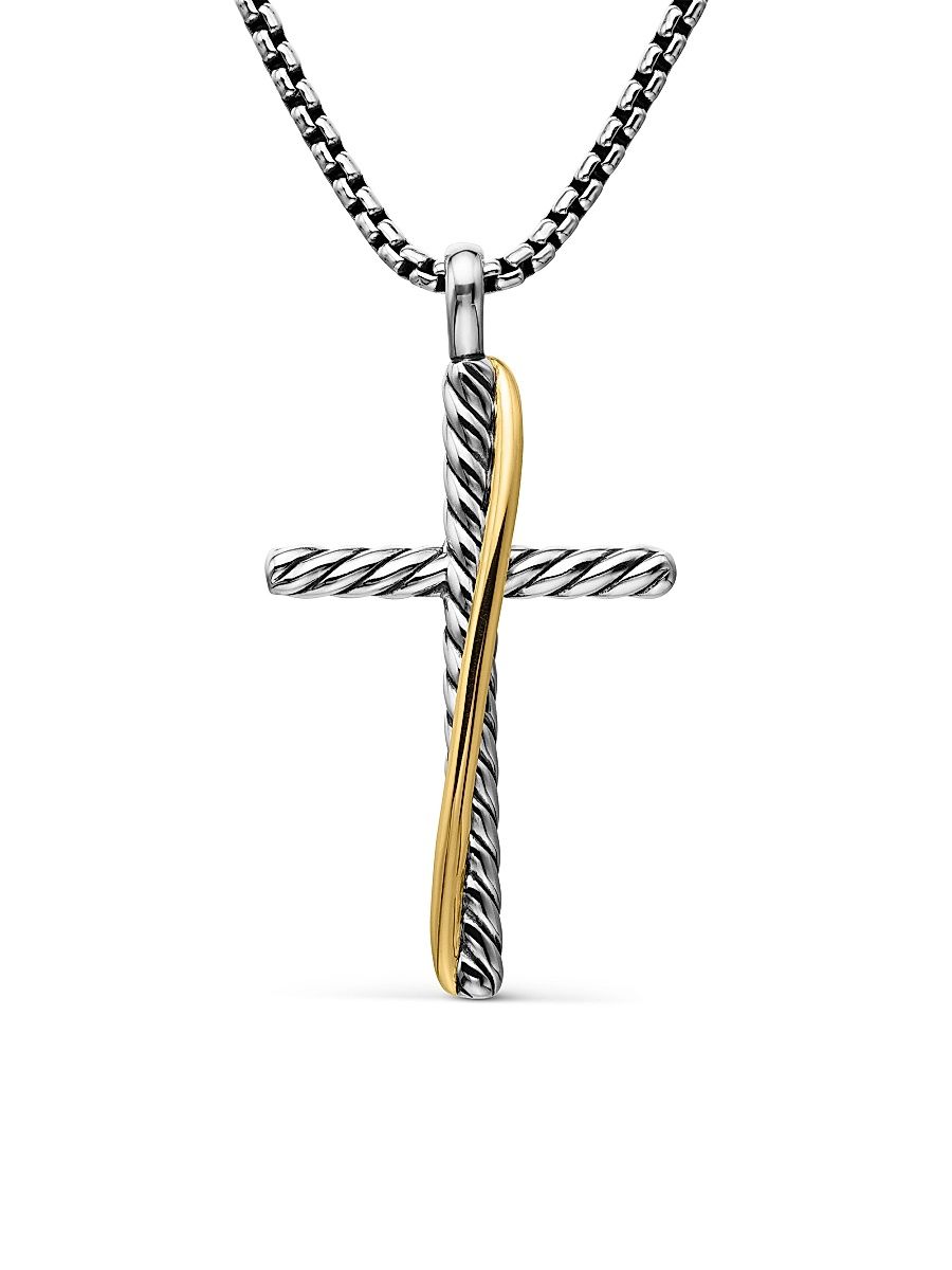 Women's Crossover Cross Necklace in Sterling Silver with 18K Yellow Gold, 35.6MM - Silver - Size 17