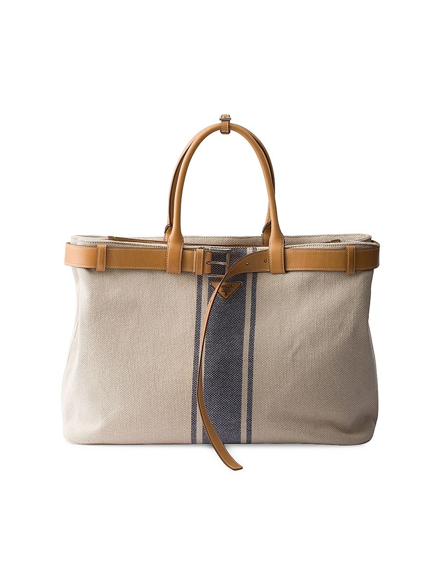 Men's Buckle Canvas and Leather Tote Bag - Beige Khaki