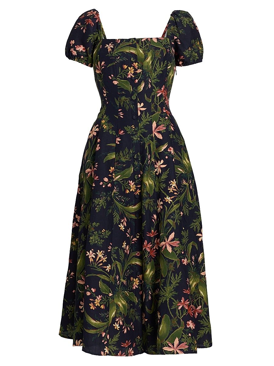 Women's Lindi Silk-Linen Midi-Dress - Dark Navy Multi - Size 12