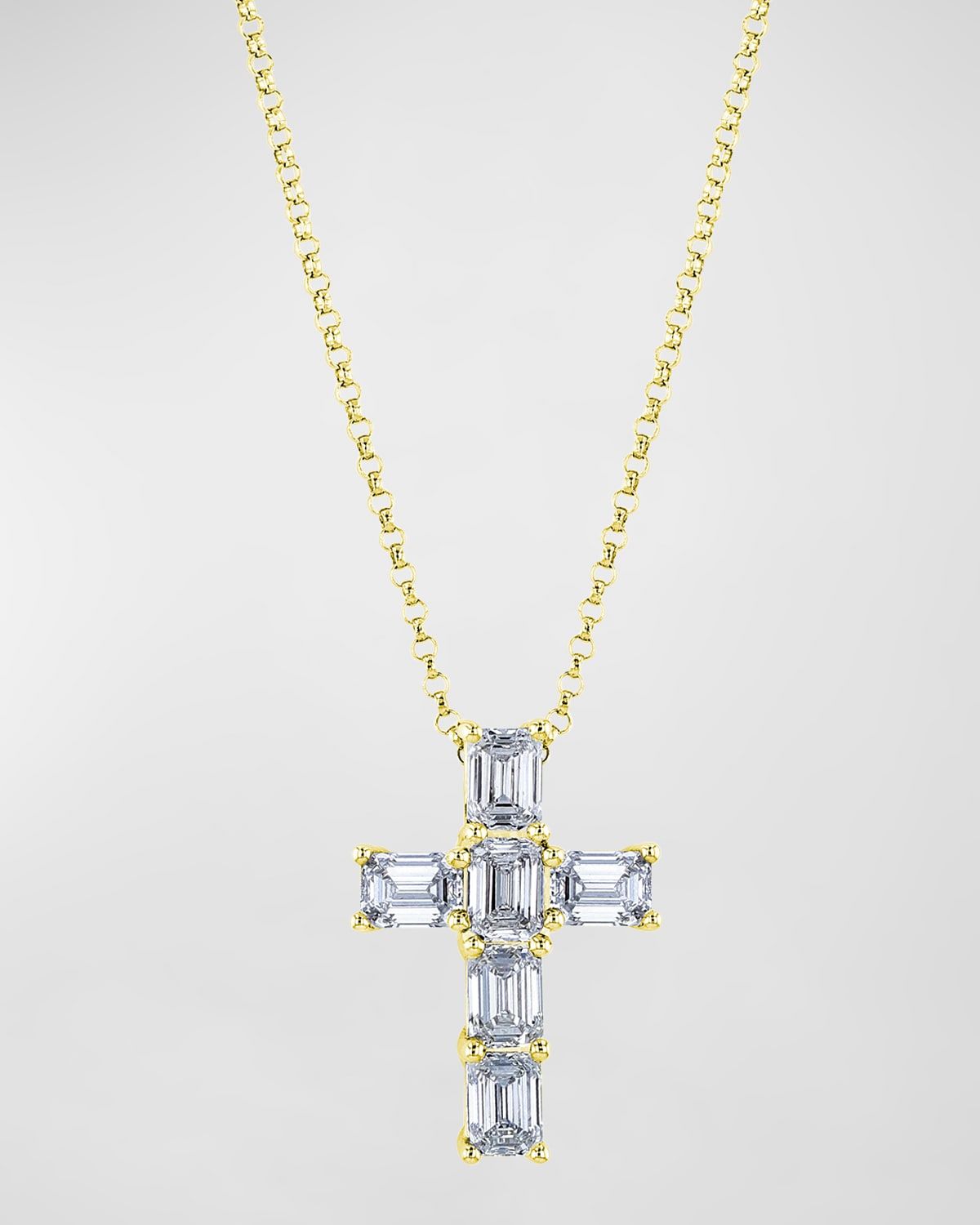 18K Gold 6-Stone Shared Prong Emerald Cut Diamond Cross Necklace, 16"L, 2.00tcw