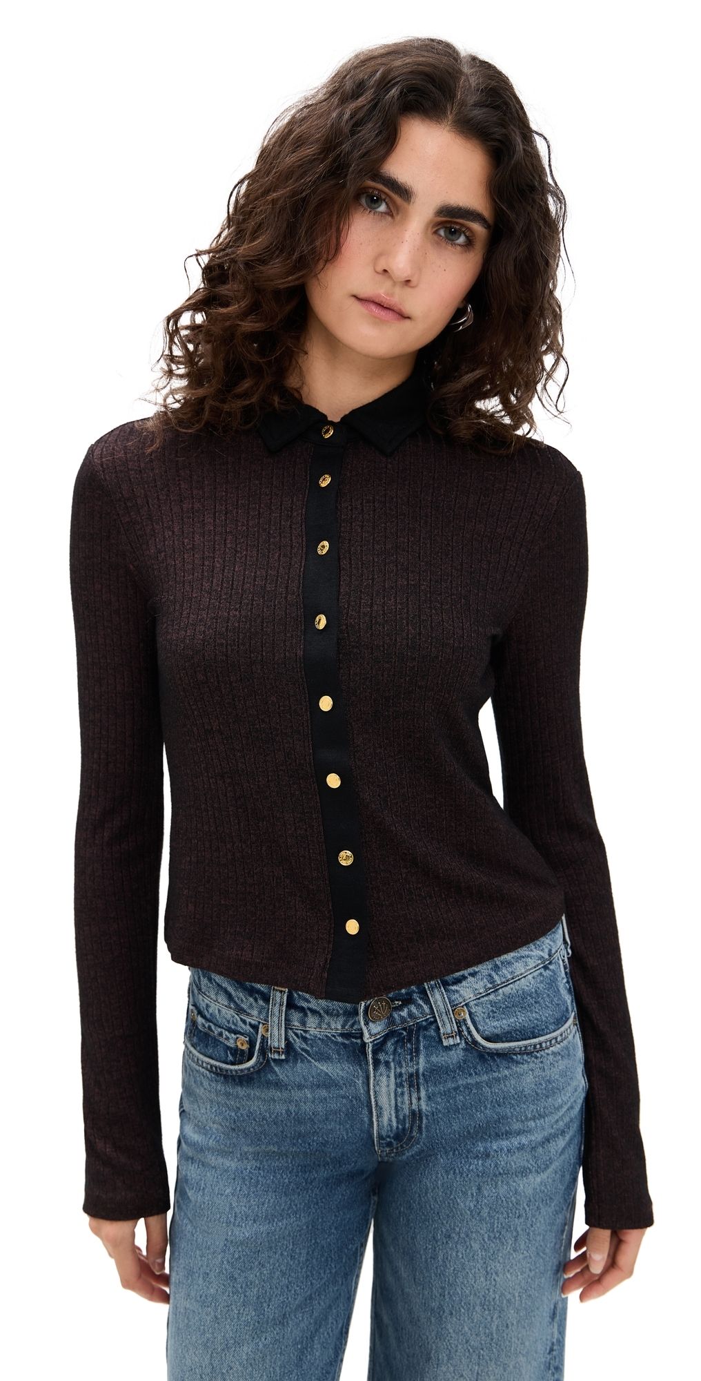 rag & bone The Knit Contrast Long Sleeve Polo Dark Brown XXS