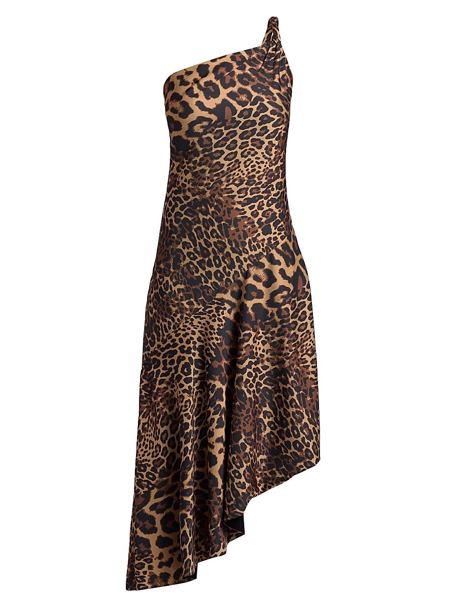 Women's Mavis Leopard Print Asymmetric Satin Midi-Dress - Leopard - Size 14