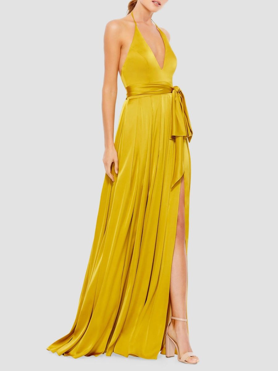 Mac Duggal Women's Ieena Pleated Satin Tie-Waist Gown - Chartreuse - Size 8