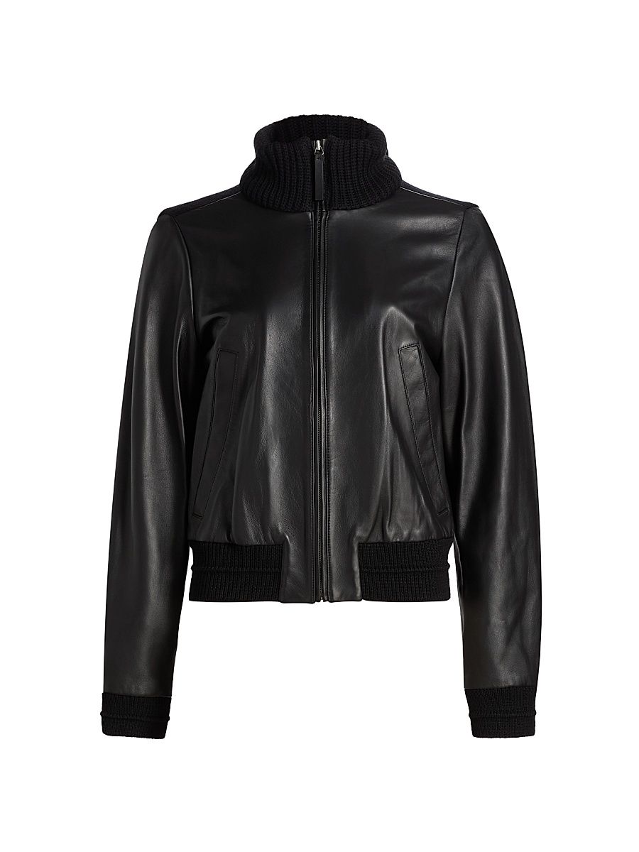 Women's Elenora Rib-Knit Wool-Trimmed Leather Jacket - Black - Size 14