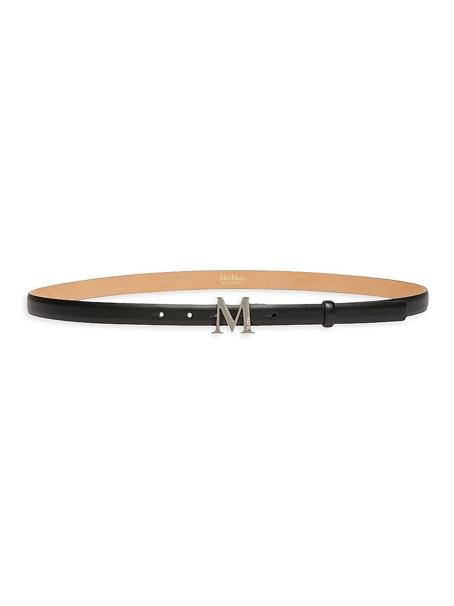 Women's Leather Belt with Monogram Buckle - Black - Size XL