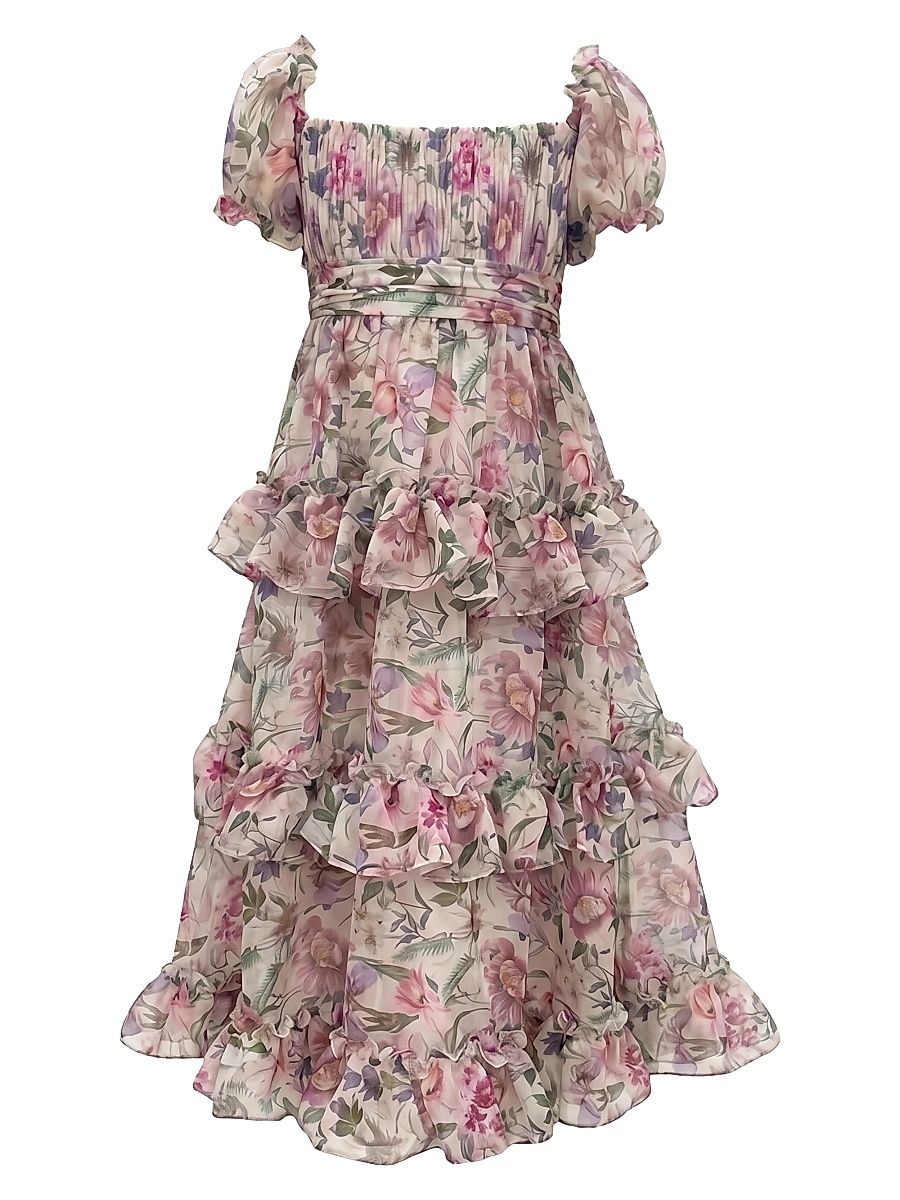 Little Girl's & Girl's Floral Ruffle Tiered Midi-Dress - Pinkfloral - Size 14