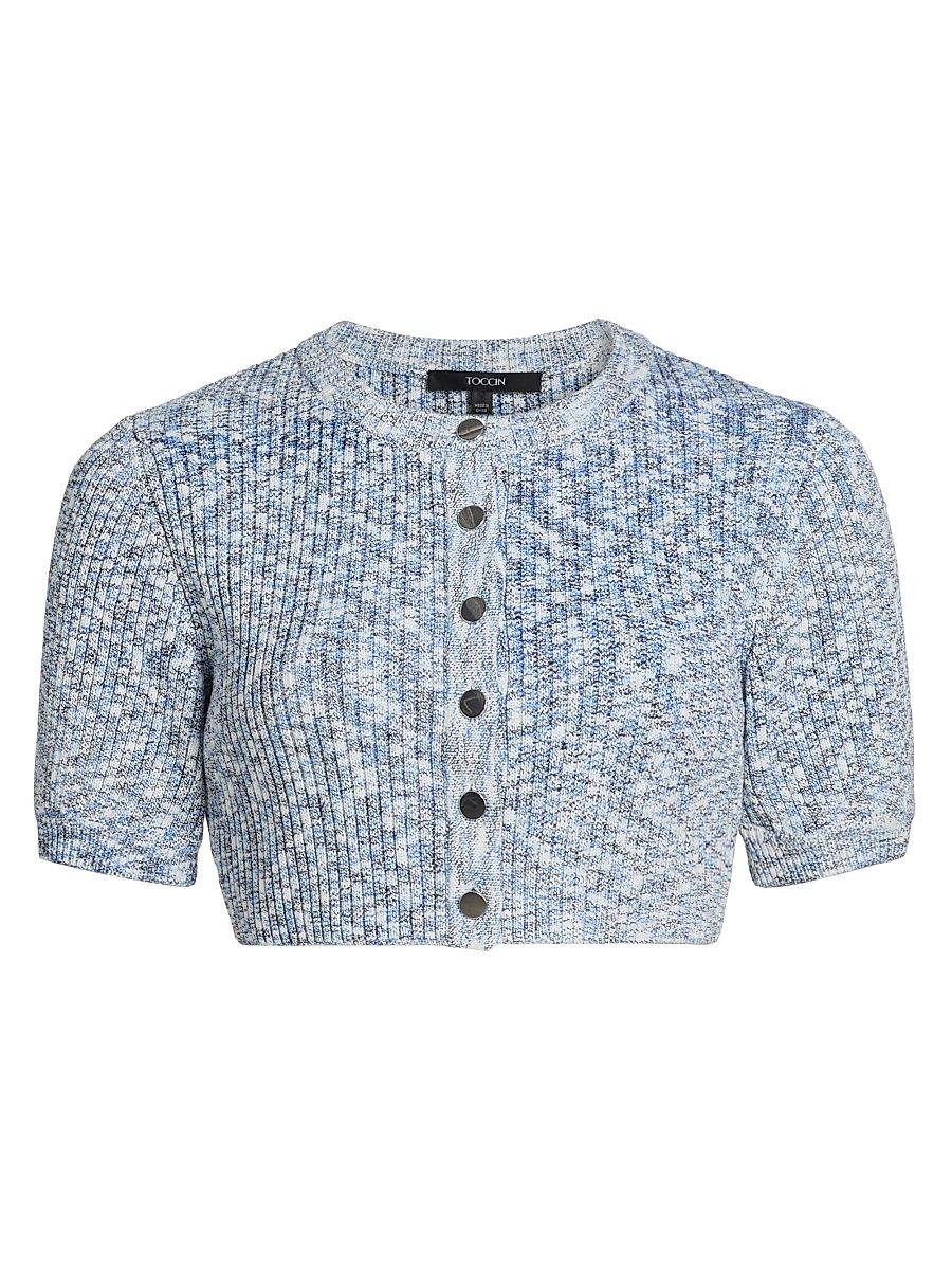 Women's Christy Cropped Short-Sleeve Cardigan - Azure Multi - Size XL