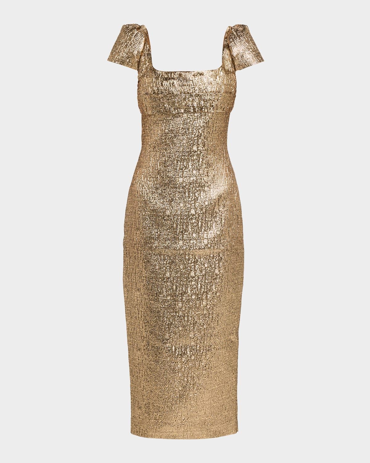 Pleated Drape Metallic Midi Dress