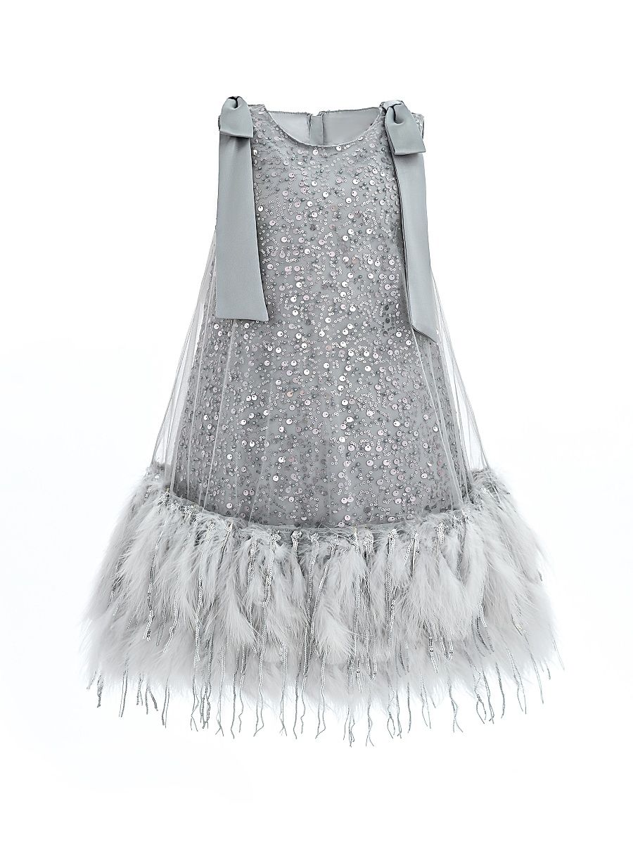 Little Girl's & Girl's Sequin Shoulder Bow Dress - Silver - Size 9