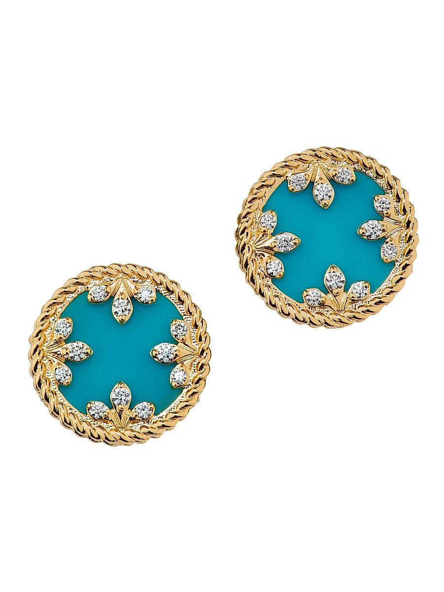 Women's Venetian Medallion 18K Yellow Gold, Turquoise & 0.10 TCW Diamond Stud Earrings - Yellow Gold
