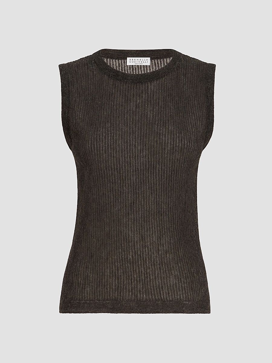Women's Sparkling Silk, Alpaca and Wool Rib Knit Top - Anthracite - Size XXXL